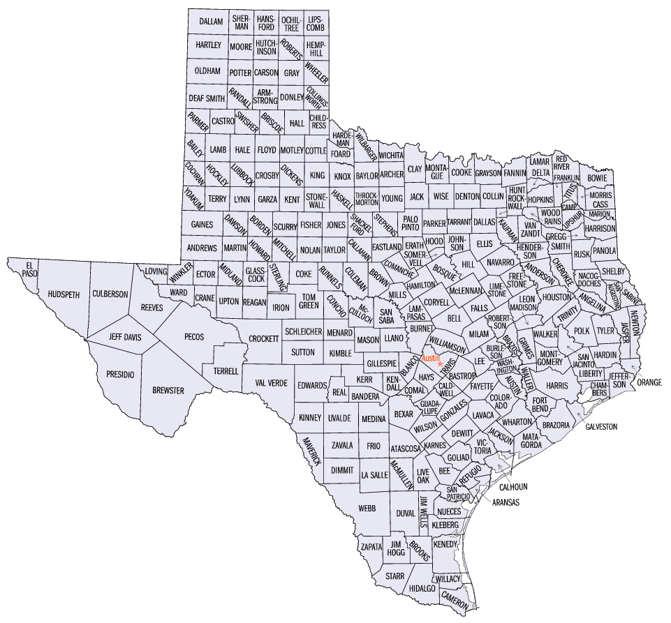 Map of texas showing the location of each county